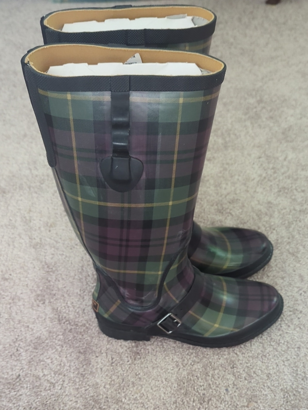 L.L. Bean Plaid Tall Rain Boots in Green & Purple